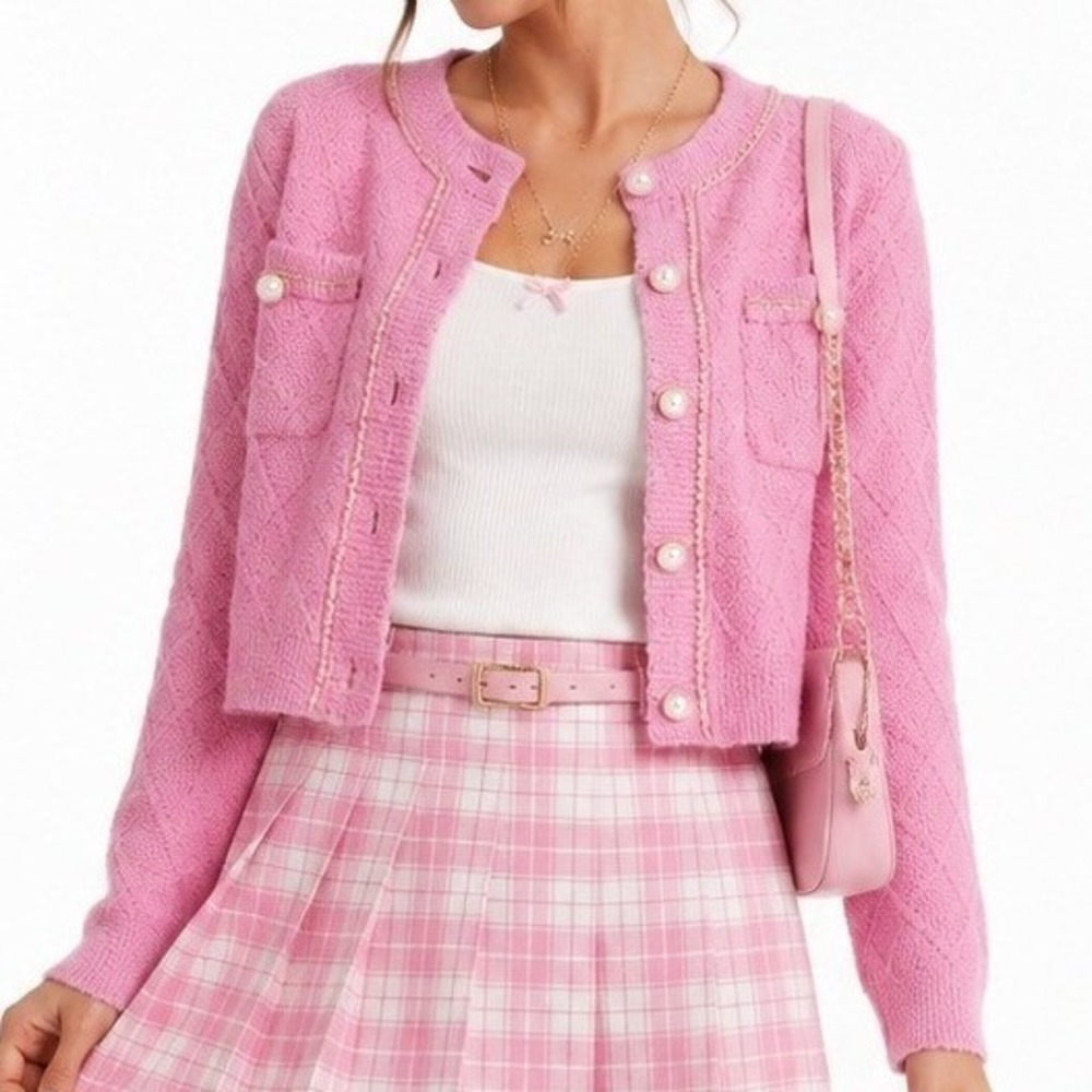 Urban Revivo Cardigan Women S Pink Fluffy Pearl Button Gold Cropped Barbiecore